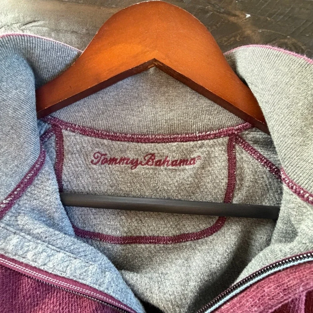 Tommy Bahama Mens XL Quarter Zip Pullover Burgundy Heather Mock Neck Marlin Logo
